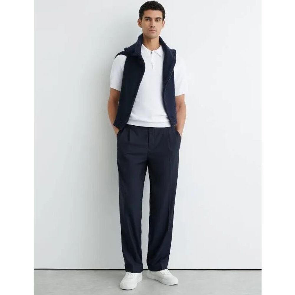 Reiss Estate Textured Zip Up Polo Shirt White Large
